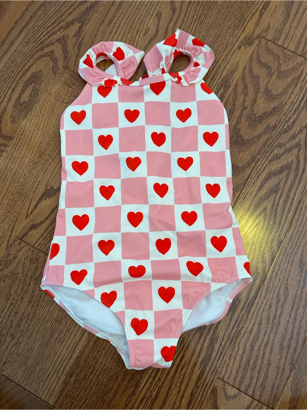 NWOT 6-7yr Boden Pink and Red Heart Checker One-Piece Swimsuit